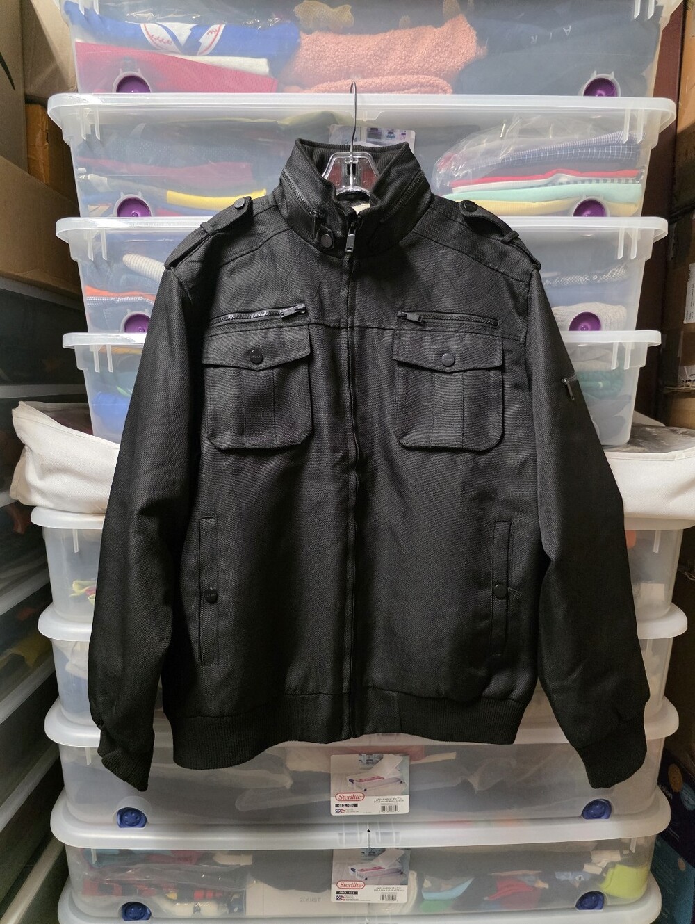 Decibel Men's Black Bomber Jacket Full Zip Stand-Up Collar Quilted W/Hood XL